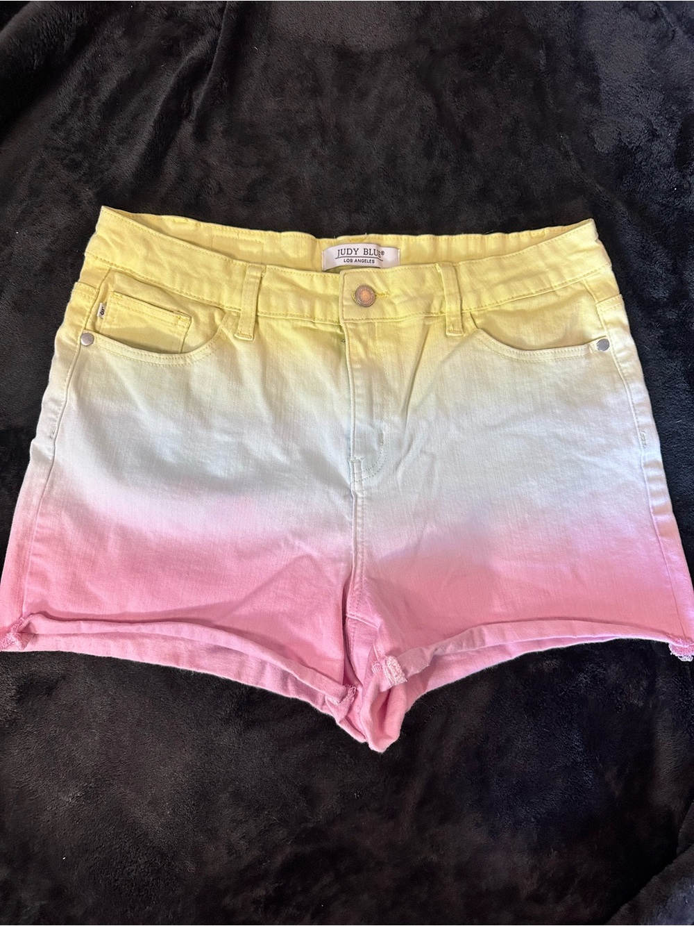 Judy Blue Ombre Denim Shorts XL Yellow White Pink Stretch Raw Hem Summer